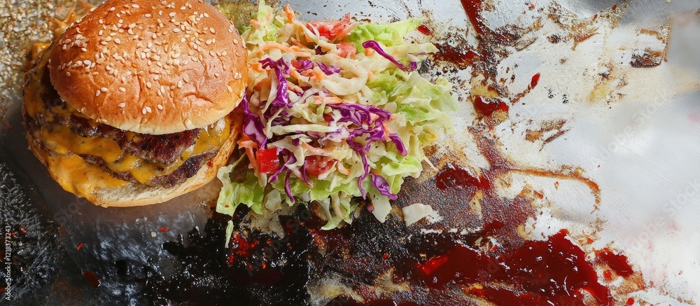 Aufkleber potato cheeseburger with melted cheese on sesame bun alongside fresh colorful coleslaw on a dark sur