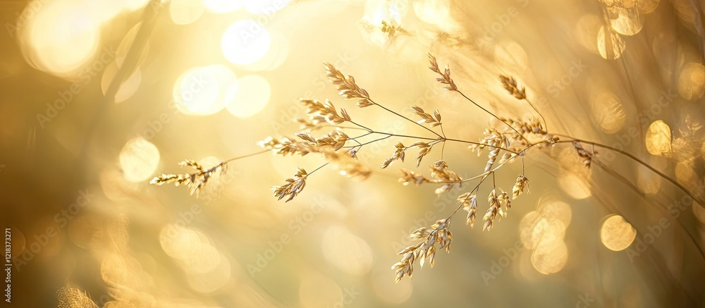 Aufkleber golden sunlit background with soft bokeh featuring delicate dry grass in the foreground creating a s