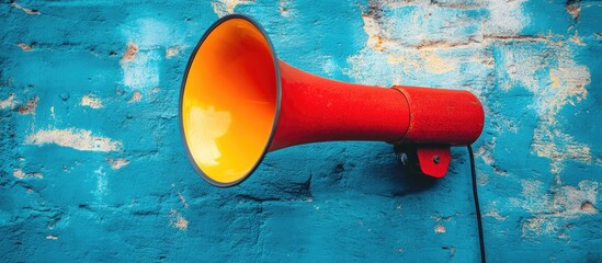 Bright red megaphone mounted against a vibrant blue textured wall with orange interior, emphasizing bold colors and dynamic urban atmosphere.