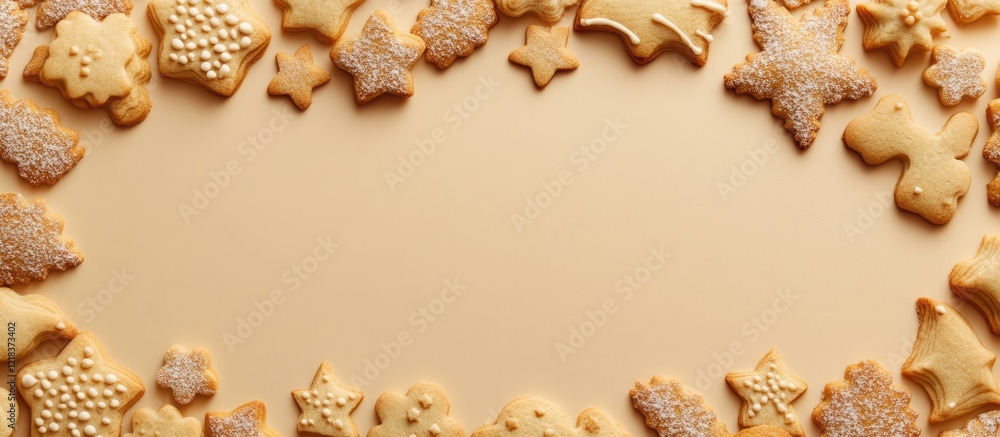 Poster Festive border design showcasing unique holiday cookies in various shapes with a light beige background and ample copy space for bakery themes.