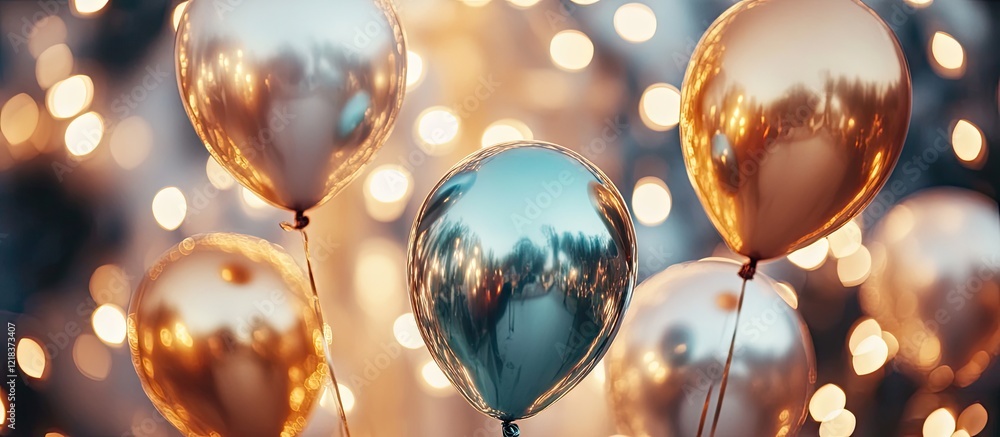 Poster shiny metallic balloons in gold and silver with a bokeh background of warm party lights create a vib