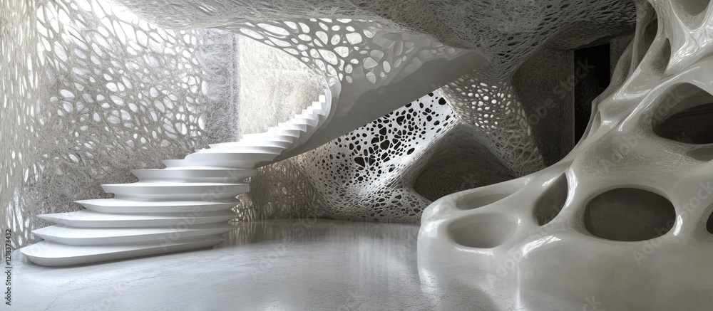 Poster elegant white spiral staircase in an abstract architectural space surrounded by organic shapes with 