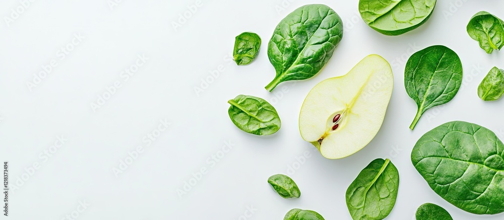 Poster organic spinach leaves in vibrant green with a crisp apple slice arranged on a bright white backgrou