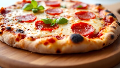 Freshly Baked Pizza with Gooey Cheese, Pepperoni, and Basil Leaves on a Wooden Board