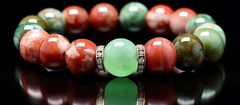 Colorful gemstone beaded bracelet with jade variscite sunstone and agate beads featuring silver accents on a reflective black background.