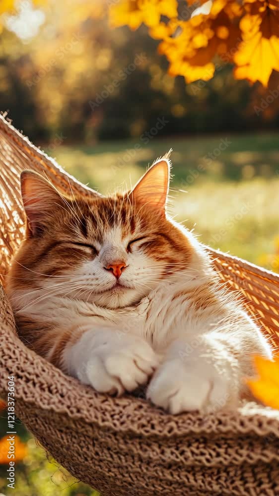 Poster cat enjoys a sunny autumn afternoon while relaxing in a hammock surrounded by colorful leaves