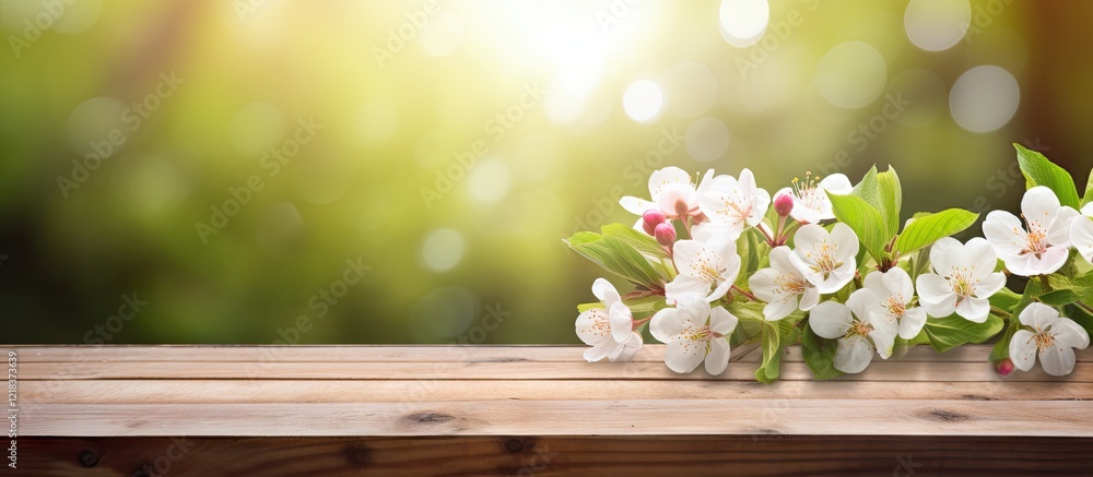 Leinwandbilder spring blossom branch with white flowers on rustic wooden table top against a blurred green backgrou