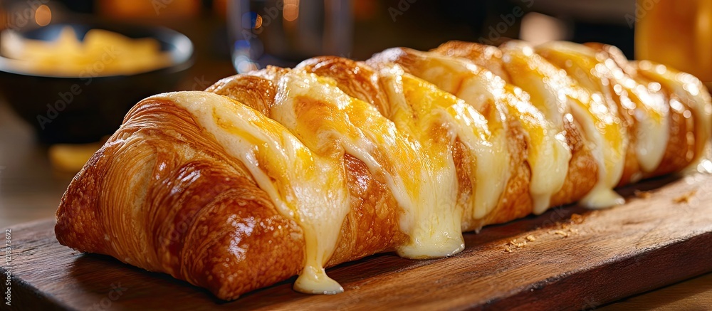 Poster golden croissant baguette filled with melted cheese on a wooden board with a dark background creatin