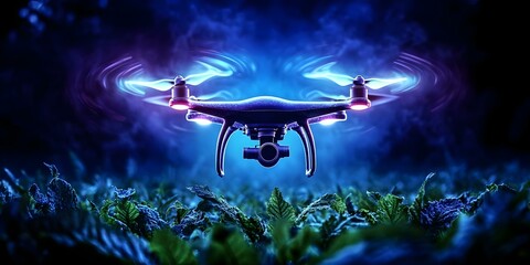 A drone hovering above a field, illuminated with blue and purple lighting, surrounded by greenery. Concept Drone Photography, Artistic Lighting, Aerial Views, Natural Landscapes, Vibrant Colors