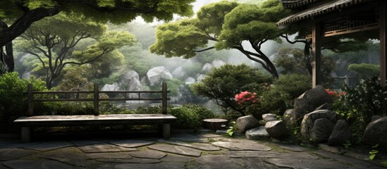 Serene garden landscape with lush green trees, stone tiles, and a wooden bench in a tranquil setting, accented by blooming flowers and gentle rocks.