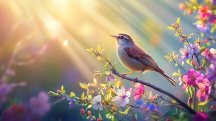 Obraz premium Serene Spring Sunrise: A Bird Amongst Blossoms