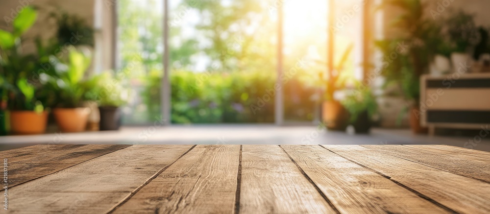 Poster bright sunlit room with wooden table in foreground and blurred greenery in the background, creating 