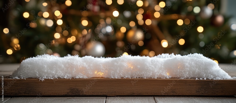 Poster wooden table covered in snow with blurred christmas decorations in the background featuring warm gol