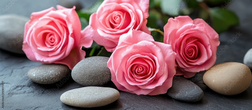 Poster pink roses arranged with smooth gray and beige pebbles on a dark stone surface create a serene and e