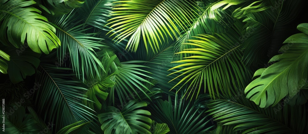 Poster lush green palm leaves create a vibrant backdrop, framing a serene interior view that highlights nat
