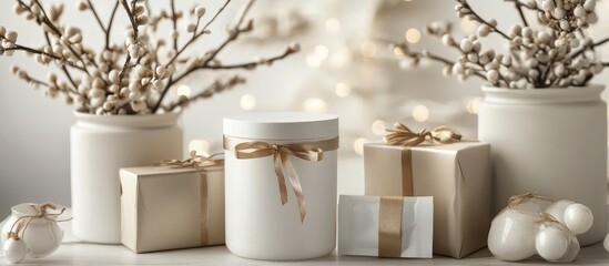 Elegant white display with a blank jar, foil sachet, and tan gift boxes arranged harmoniously against a soft, blurred background.