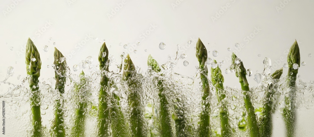 Aufkleber vibrant fresh asparagus spears with water droplets on a light background arranged in a row showcasin