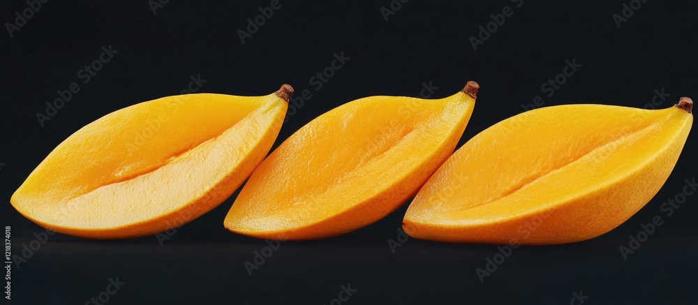 Poster vibrant yellow manila mango slices positioned in a row displaying smooth texture against a black bac