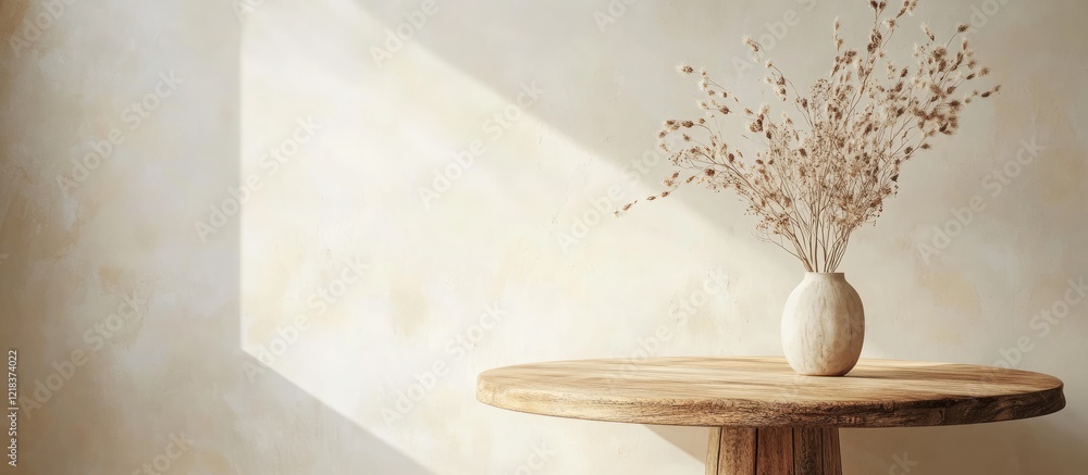Fototapete Boho style wooden pedestal table with dry flowers in a cream vase against a soft light wall background with shadows creating ample copy space