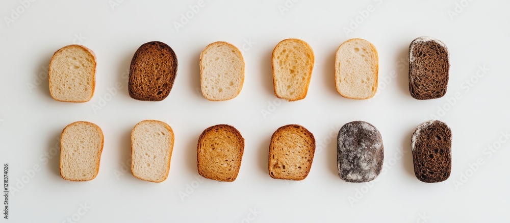 Poster Assorted slices of fresh bread on a clean white background featuring a range of textures and colors perfect for culinary and food themes