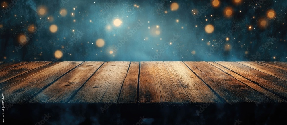 Poster Inviting empty wooden table on the foreground with a blurred sparkling blue background creating a perfect display setting for products