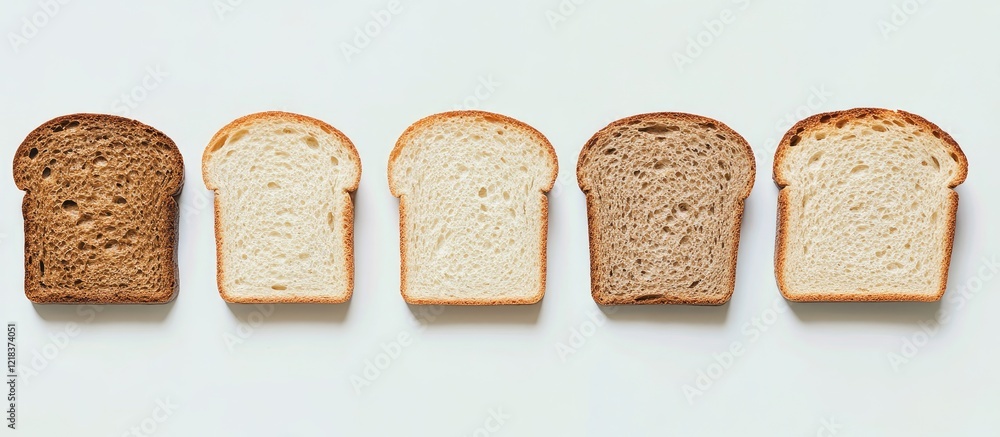 Poster Assorted bread slices on a clean white background featuring various textures and colors from dark to light highlighting culinary diversity