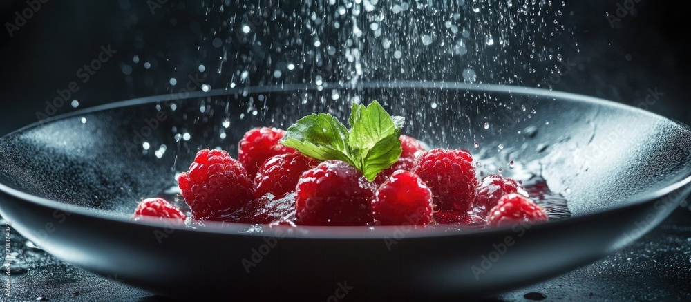 Aufkleber vibrant red raspberries in a black dish with droplets on a dark backdrop emphasizing texture and fre