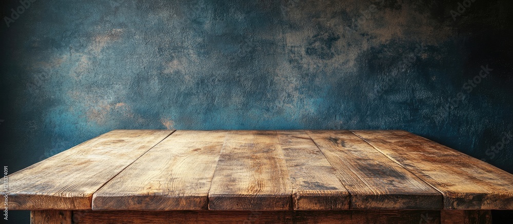 Poster cozy empty wooden table with rustic texture positioned centrally against a blue textured wall enhanc