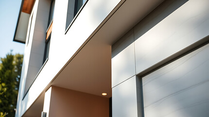 Fototapeta premium Modern Architectural Design: Sleek Exterior of a Contemporary Home. Clean lines, crisp details, and sunlit facade showcase the beauty of modern residential architecture.