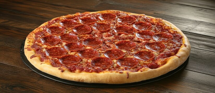 Appetizing pepperoni pizza on a dark wooden table viewed from above with golden crust and vibrant red toppings creating a tempting visual feast