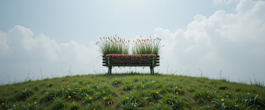Green grassy hill, wooden park bench, grass growing on bench seat, surreal landscape, miniature ecosystem, environmental concept, dreamlike scene, solitude, nature reclaiming, cloudy sky, contemplativ