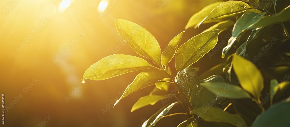 Poster vibrant green leaves glistening in warm yellow sunlight with soft flares in a lush garden setting cr