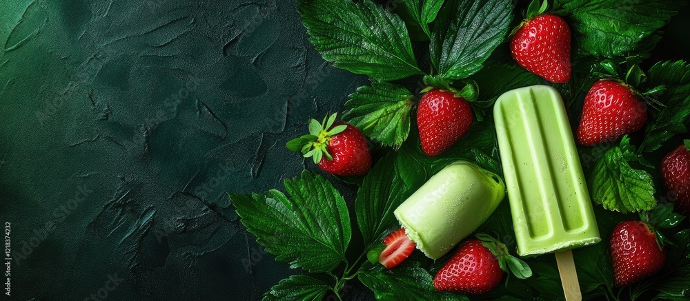 Poster refreshing green ice cream popsicle placed on dark textured surface with vibrant red strawberries an