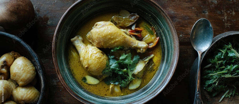 Poster aromatic javanese chicken curry in a green bowl with drumsticks and herbs on a wooden table with a s