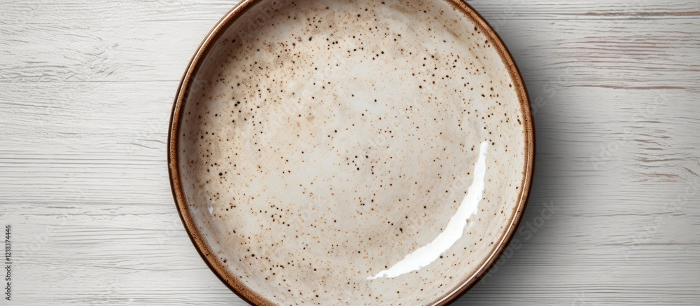 Poster Top view of a rustic brown ceramic plate with speckled texture on a white background showcasing its subtle elegance and artisanal design