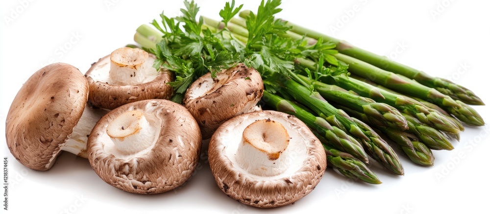 Poster Fresh brown mushrooms and green asparagus spears arranged on a white background with vibrant colors creating an appetizing culinary display