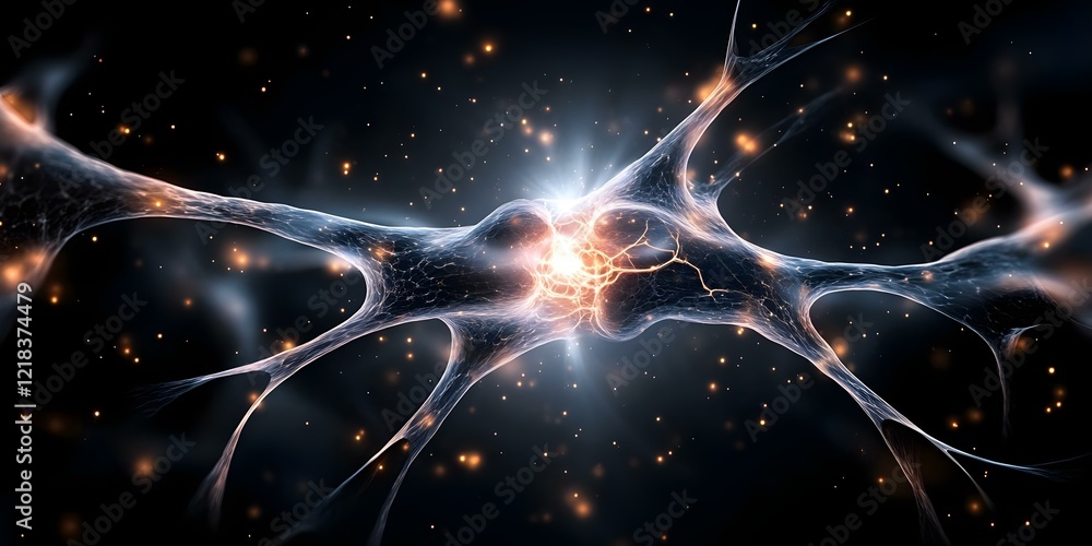 Poster a close-up depiction of a neuron cell, showcasing its structure and communication pathways in a dark