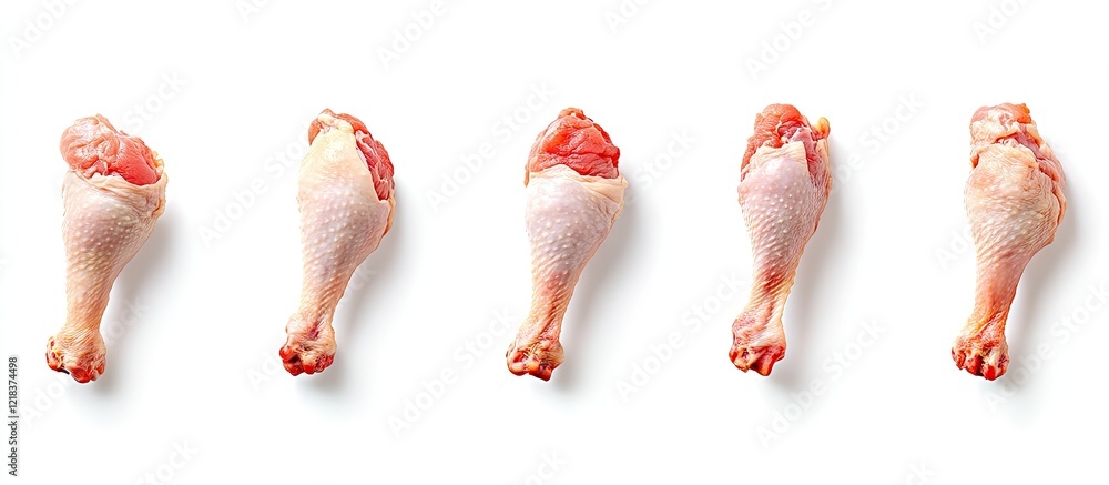 Poster fresh chicken drumsticks arranged in a row on a white background showcasing their tender texture and