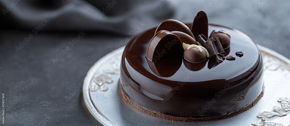 Poster elegant dark chocolate cake with glossy ganache topping and intricate praline decorations on a delic