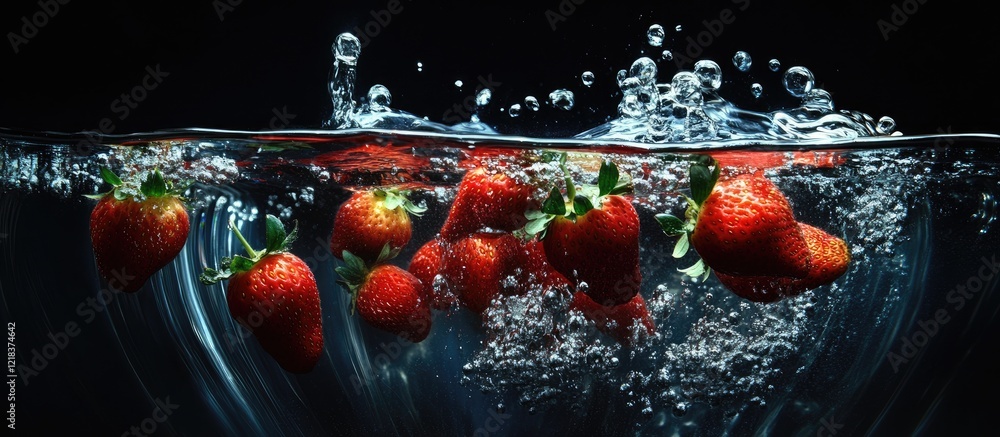 Poster vibrant fresh strawberries submerged in dark water with bubbles creating a refreshing and appetizing