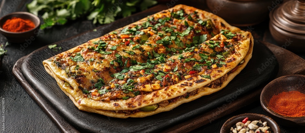 Aufkleber savory murtabak flatbread featuring golden-brown crust garnished with green herbs on a black plate w