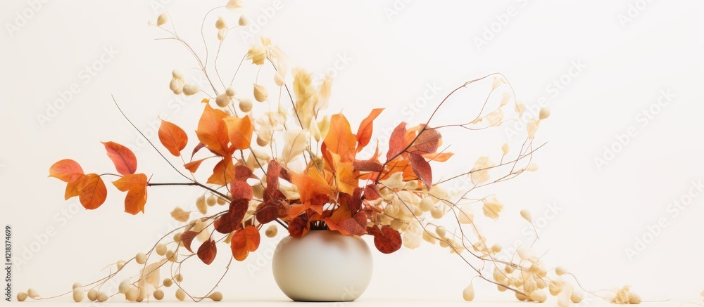 Poster Eucalyptus branches and dry flowers in warm autumn colors arranged in a round white vase on a soft white background capturing an elegant composition.