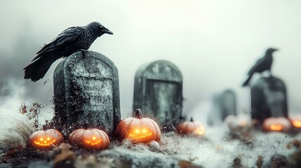 Foggy graveyard scene with crows perched on tombstones and illuminated pumpkins; Halloween or autumn imagery for spooky themed designs