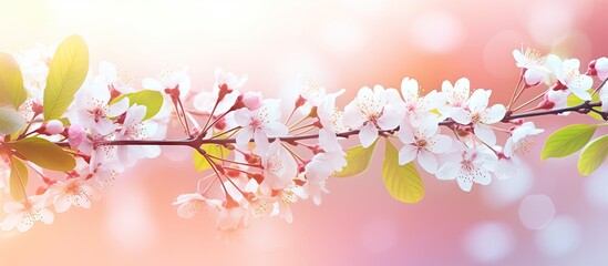 Fototapeta premium Delicate cherry blossom branches with soft pink petals against a warm, dreamy pastel background evoking feelings of spring and renewal.