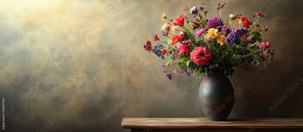 Poster vibrant bouquet of mixed flowers in a dark vase on a rustic wooden table against a soft muted backgr