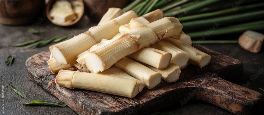Poster fresh bamboo shoots arranged neatly on a rustic wooden board with earthy tones highlight their vibra