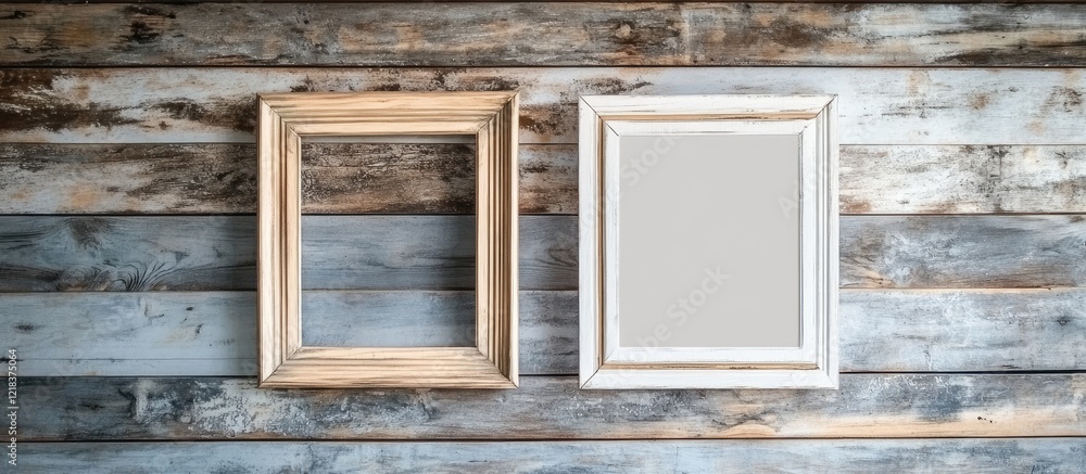 Poster wooden wall backdrop featuring a rustic empty rectangular beige wood frame on the left and a square 