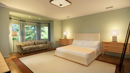 Elegant and serene bedroom interior design meticulously crafted as a 3D render. This visualization showcases a comfortable and stylish sleeping space, featuring a plush king-size bed with soft linens