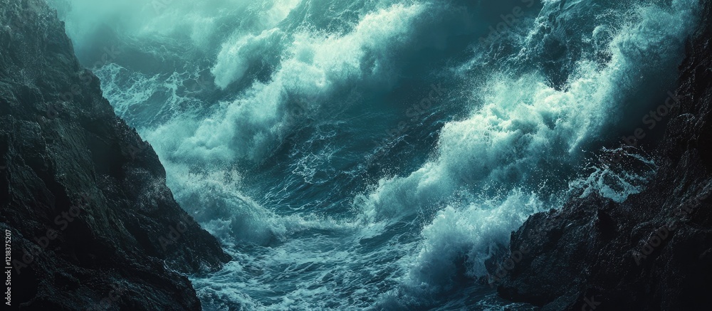 Poster rugged shoreline with dynamic ocean waves crashing in shades of deep blue and turquoise creating mis