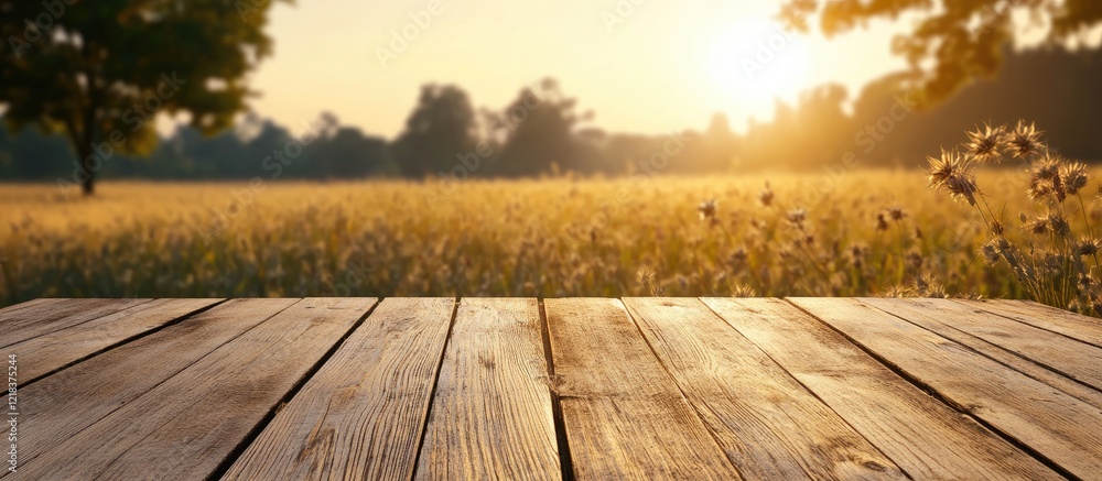 Poster wooden table in foreground with golden sunlit beach backdrop creating an inviting atmosphere for pro